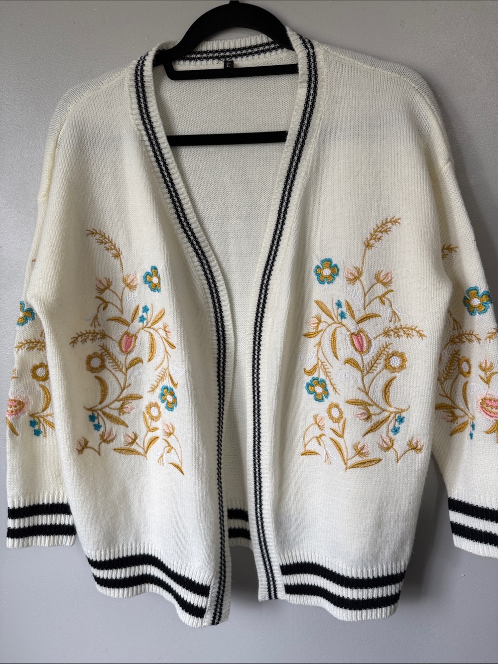 Embroidered Floral Open-Front Cream Cardigan Anthropologie Style Sweater